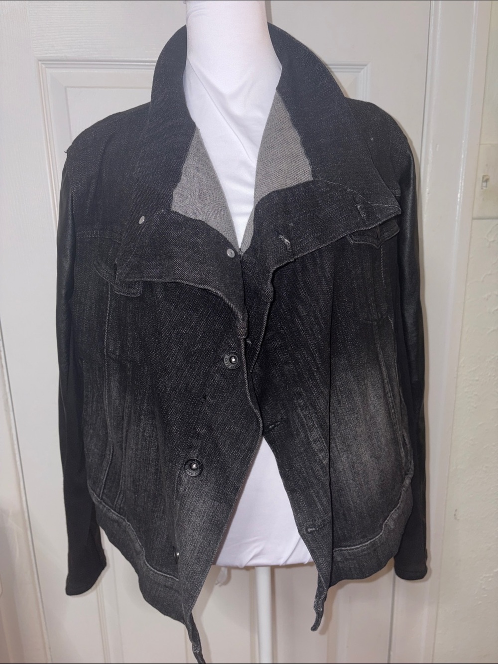 Washed Black Denim Jacket with Leather Sleeves